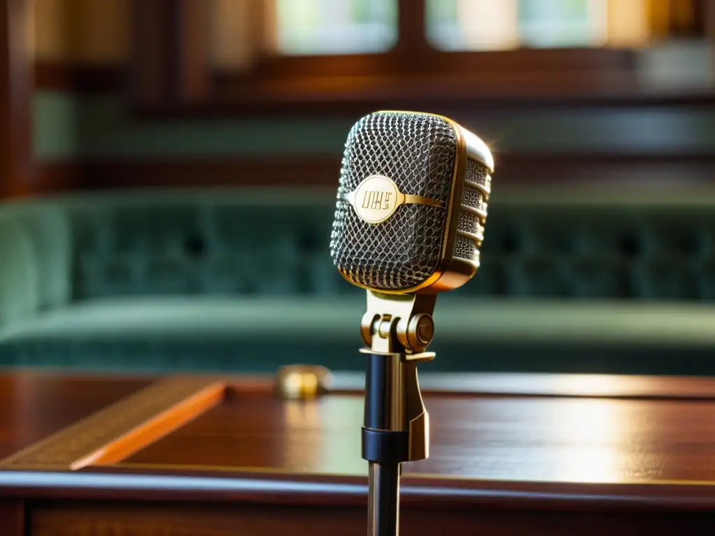 Un micrófono vintage de oro y plata reposa sobre un escritorio de caoba, bañado en cálida luz