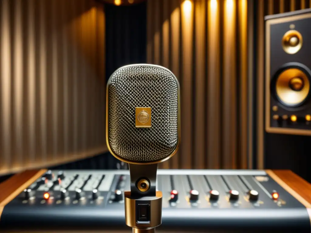 Un micrófono vintage de alta resolución con detalles en oro y plata, en un cálido estudio de grabación