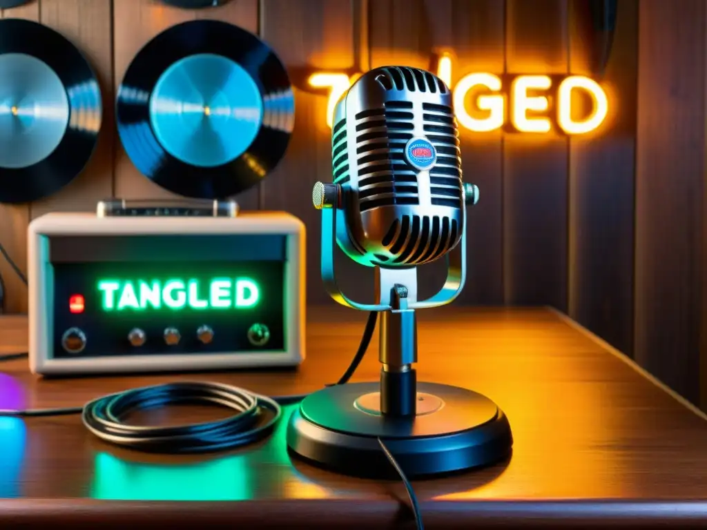 Un micrófono vintage rodeado de discos de vinilo y una señal de neón, simbolizando el impacto de plataformas streaming en lenguas
