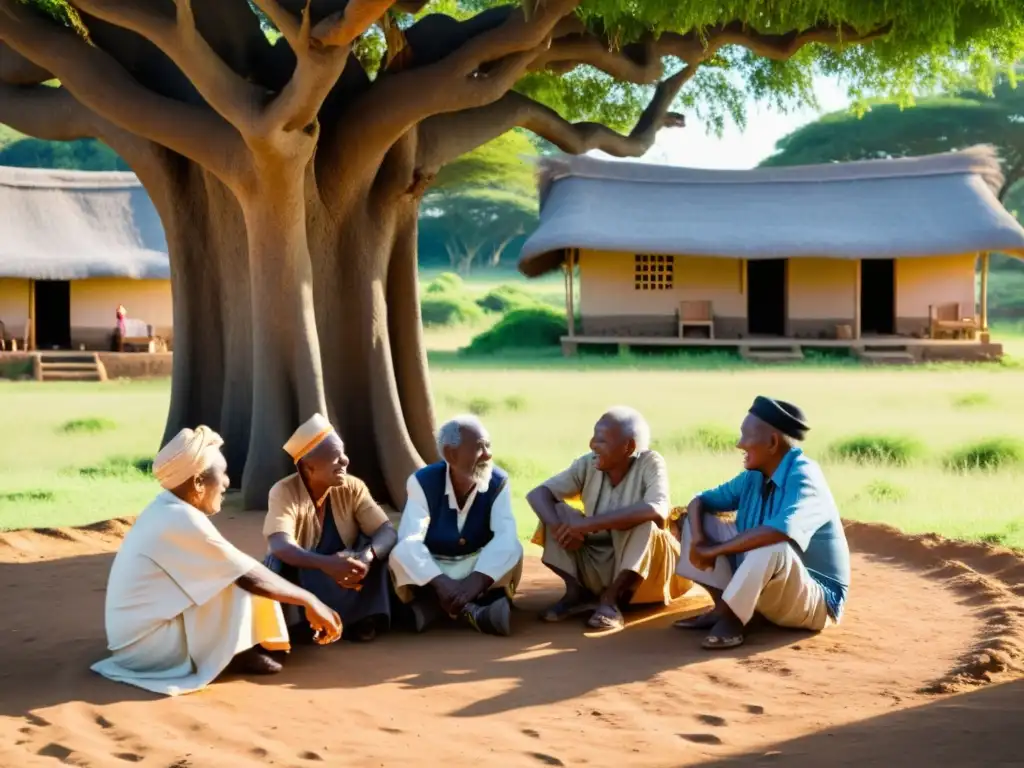 Miembros ancianos de una comunidad Bantú discuten animadamente bajo un árbol, resaltando la preservación de dialectos Bantúes minoritarios