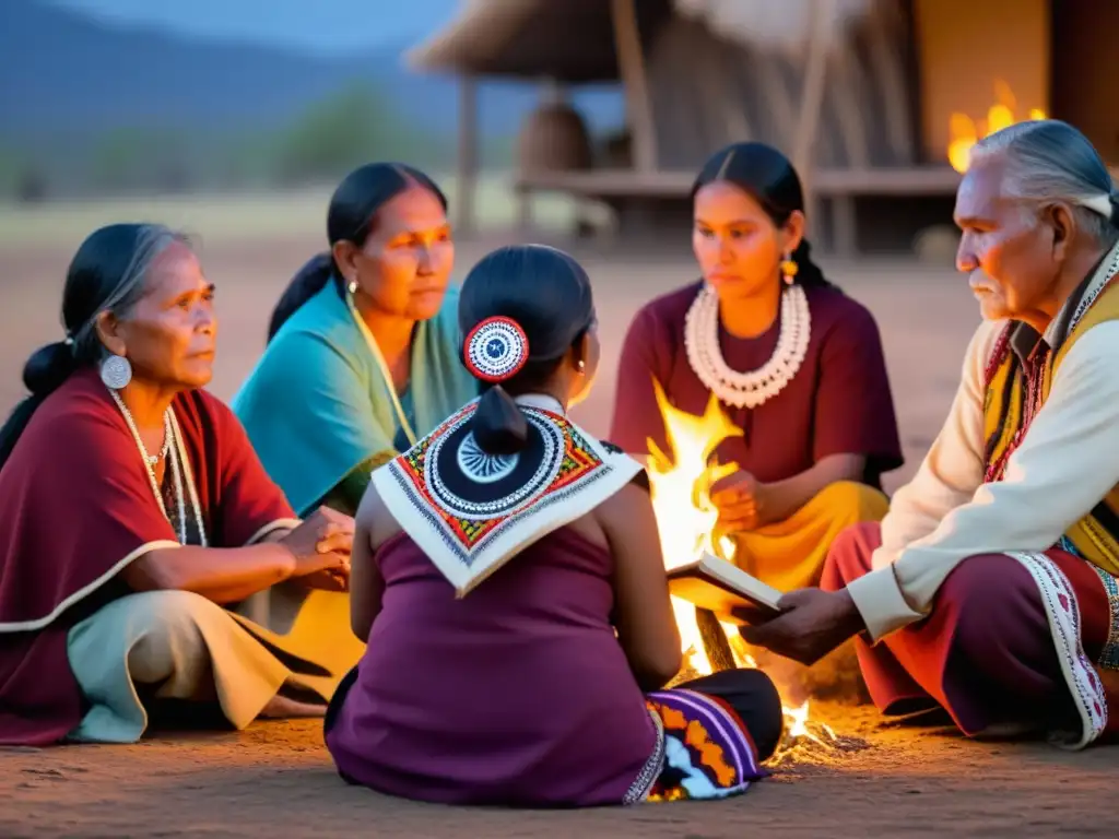 Miembros de la comunidad indígena se reúnen alrededor del fuego para una sesión de cuentos tradicionales