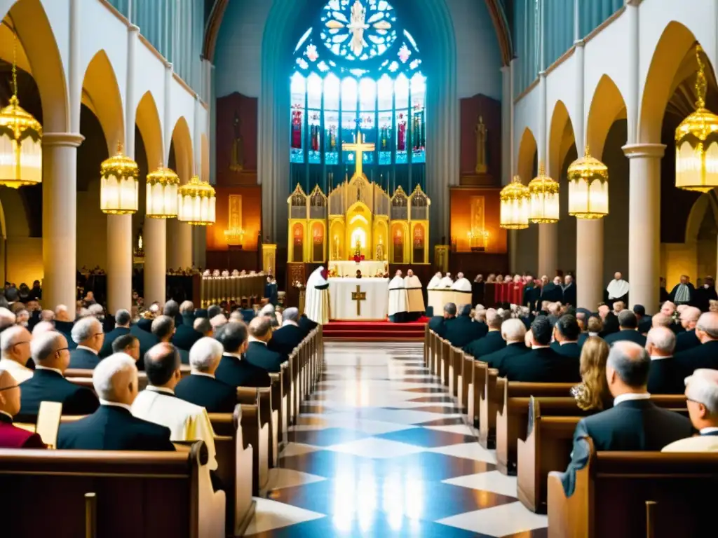 Una ilustración vintage de una Misa Católica en latín, con sacerdotes y fieles en una grandiosa catedral