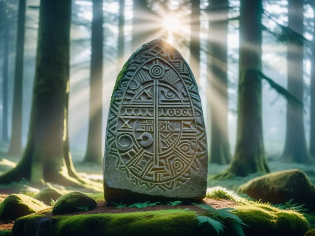 Una misteriosa runa vikinga en el bosque con luz etérea, evocando sabiduría antigua