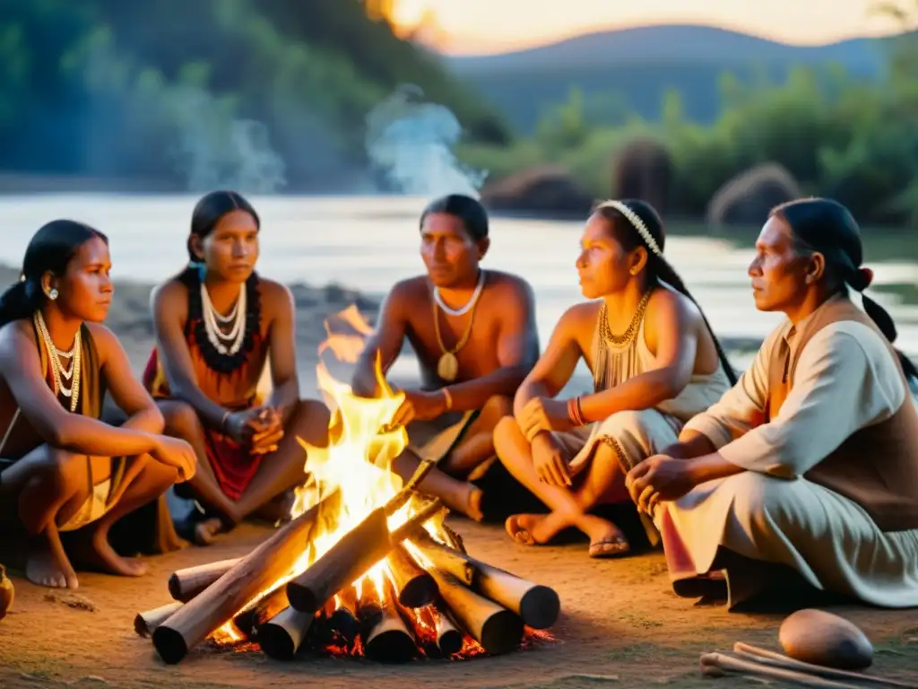 Un momento atemporal de la conservación del patrimonio lingüístico indígena, con personas reunidas alrededor de un fuego en una ceremonia tradicional