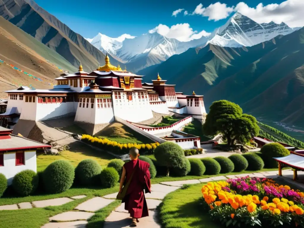 Monasterio tibetano en los Himalayas, prácticas espirituales tibetanas modernas entre picos nevados y vibrantes colores de banderas de oración