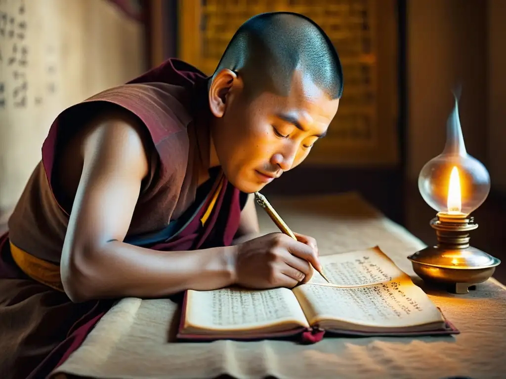 Un monje tibetano transcribe antiguos textos con serenidad, iluminado por una lámpara