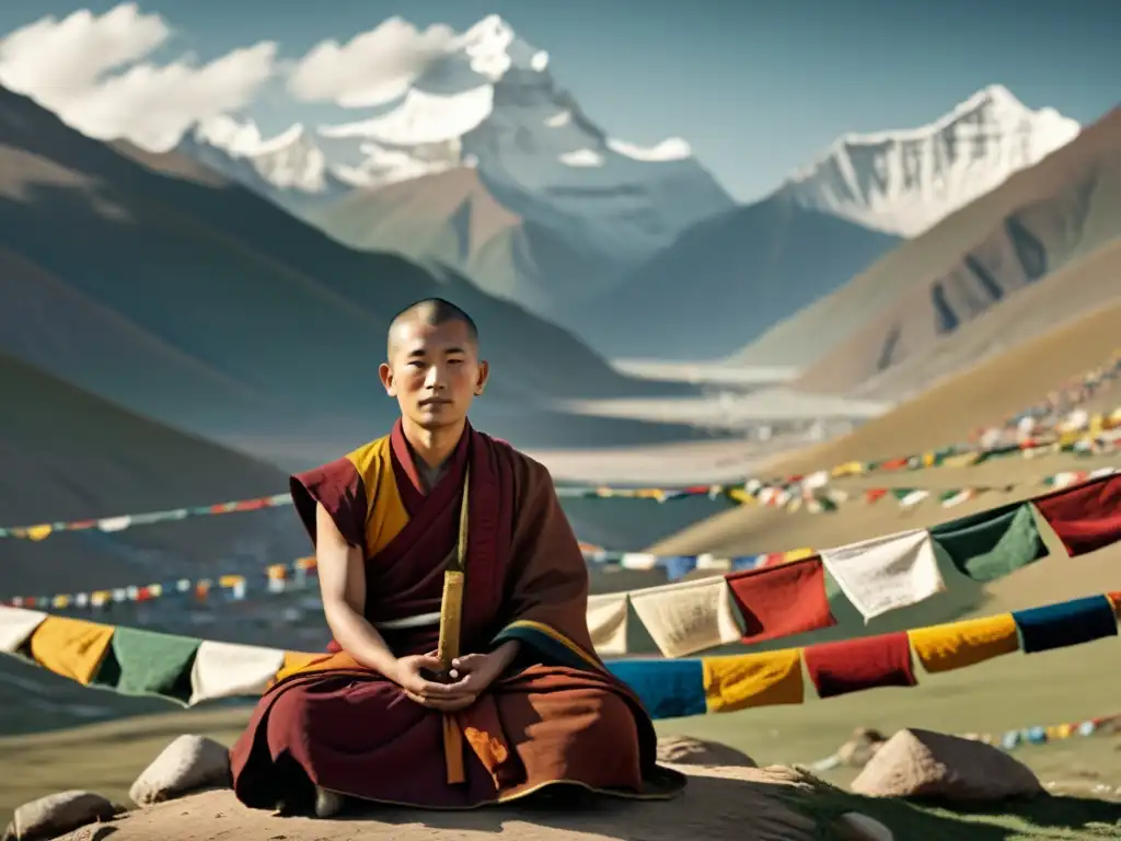 Un monje tibetano meditando entre banderas de oración y montañas nevadas, con una expresión serena