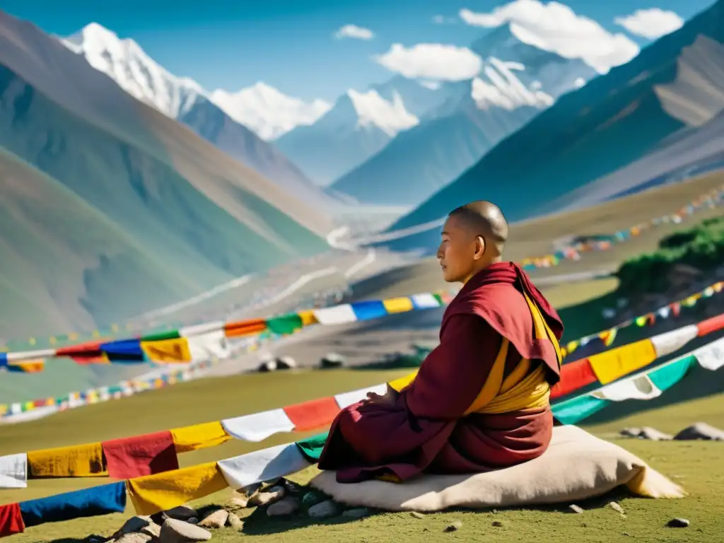 Un monje tibetano medita entre banderas de oración, con los picos del Himalaya de fondo