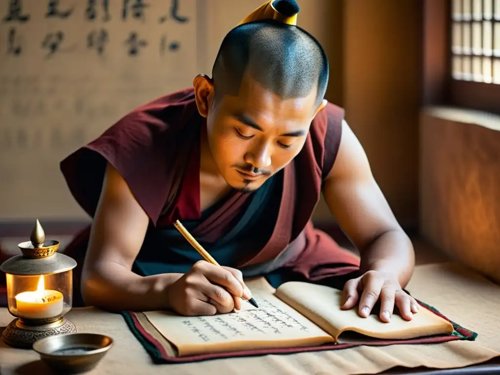 Un monje tibetano escribiendo con caligrafía, rodeado de pergaminos antiguos, en una atmósfera serena iluminada por velas