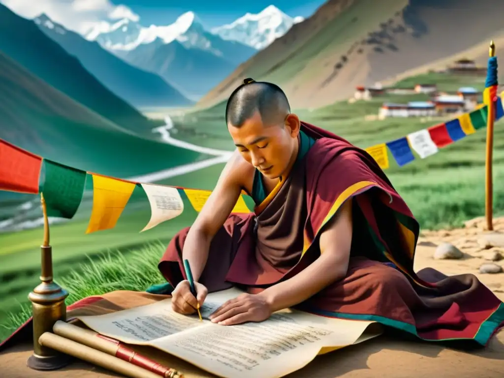 Un monje tibetano crea caligrafía rodeado de manuscritos antiguos y banderas de oración, con los majestuosos Himalayas de fondo