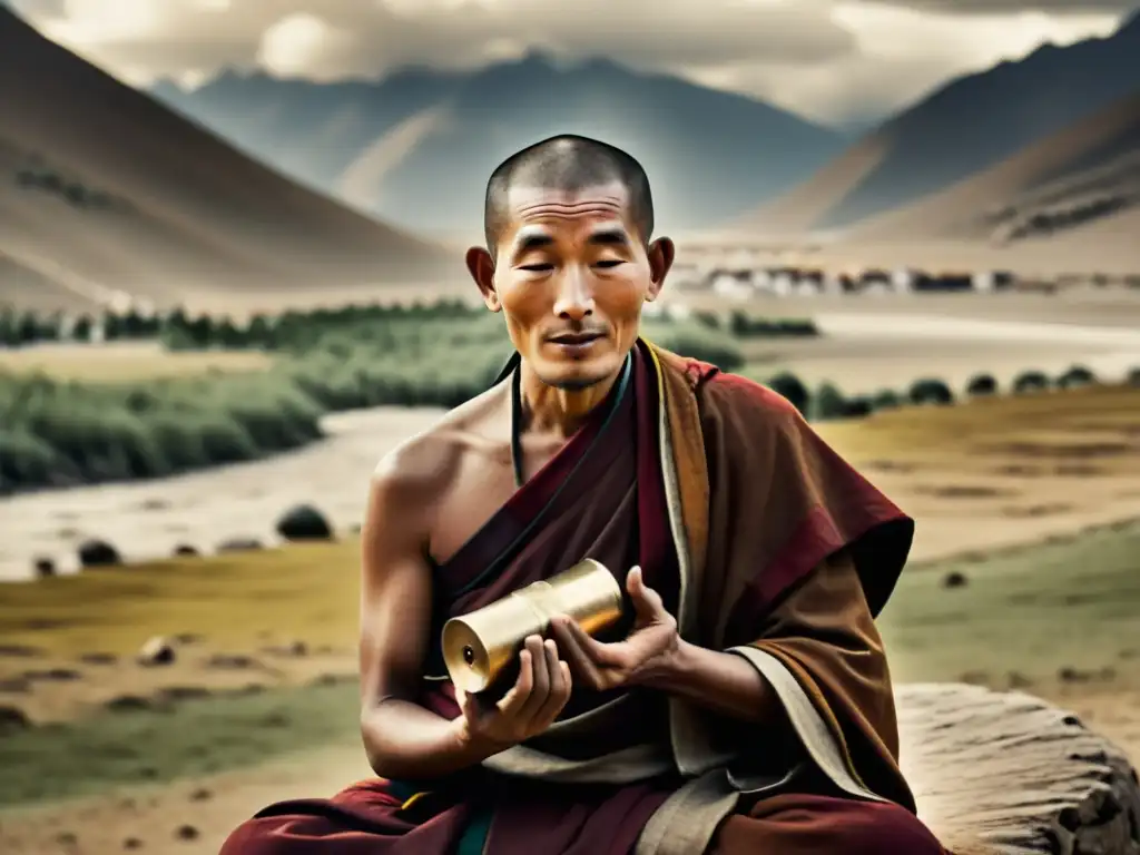 Un monje tibetano recita mantras con una rueda de oración, frente a los majestuosos Himalayas