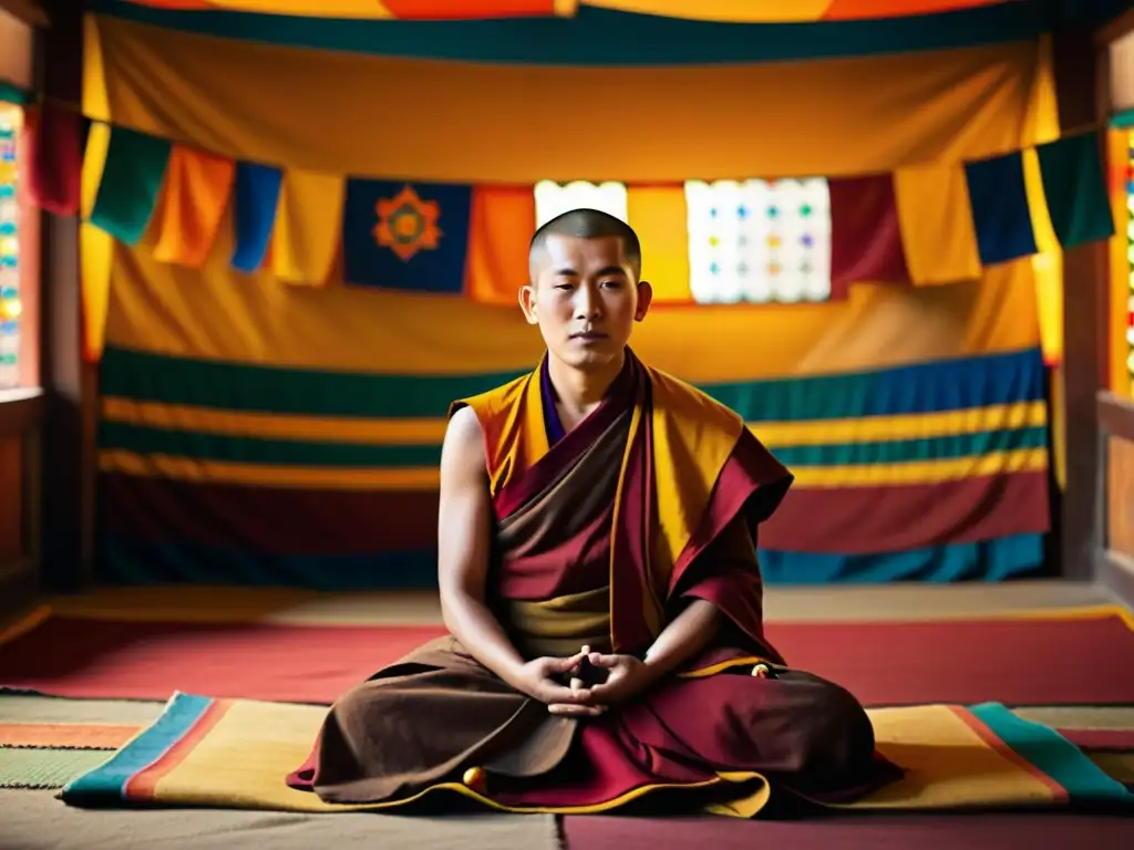 Un monje tibetano entona mantras en un templo iluminado por luz dorada, evocando la rica tradición espiritual