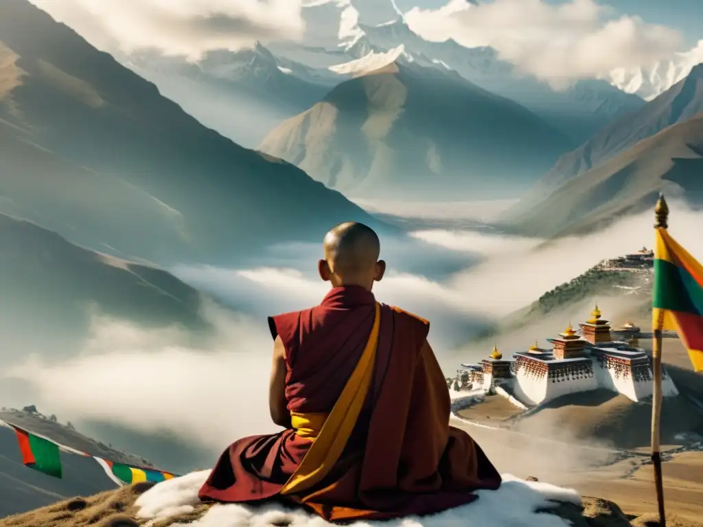 Un monje tibetano en meditación sobre una montaña nevada, rodeado de banderas de oración