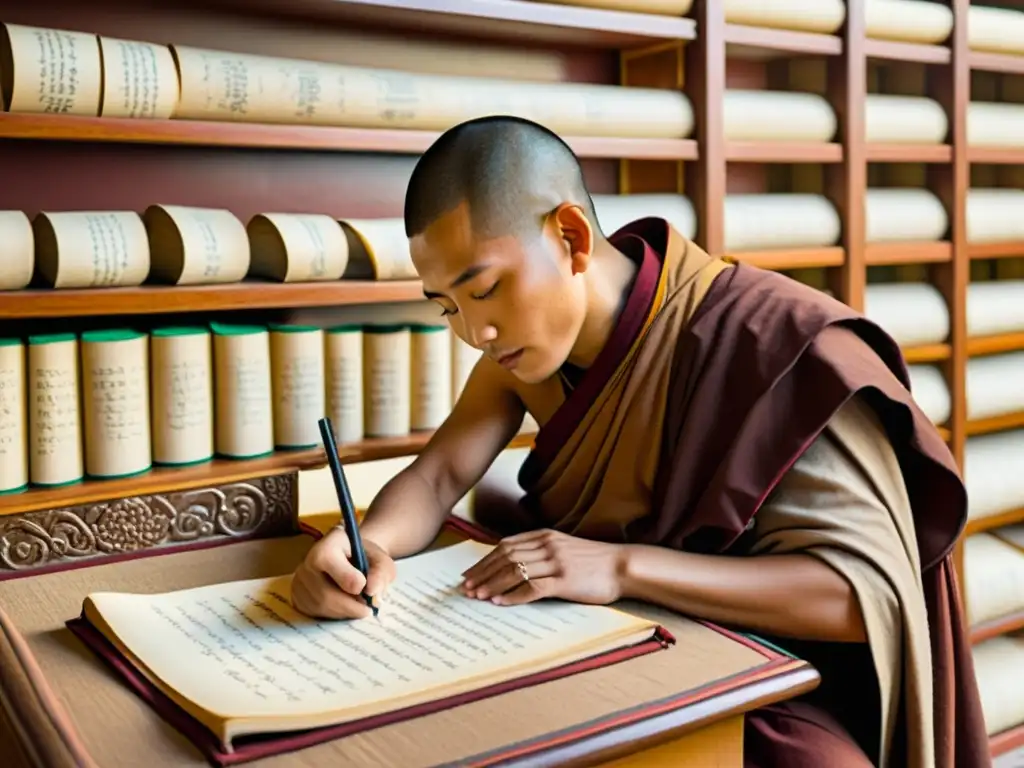 Un monje tibetano escribiendo reglas conjugaciones verbales tibetano moderno en un pergamino rodeado de antiguos textos y rollos