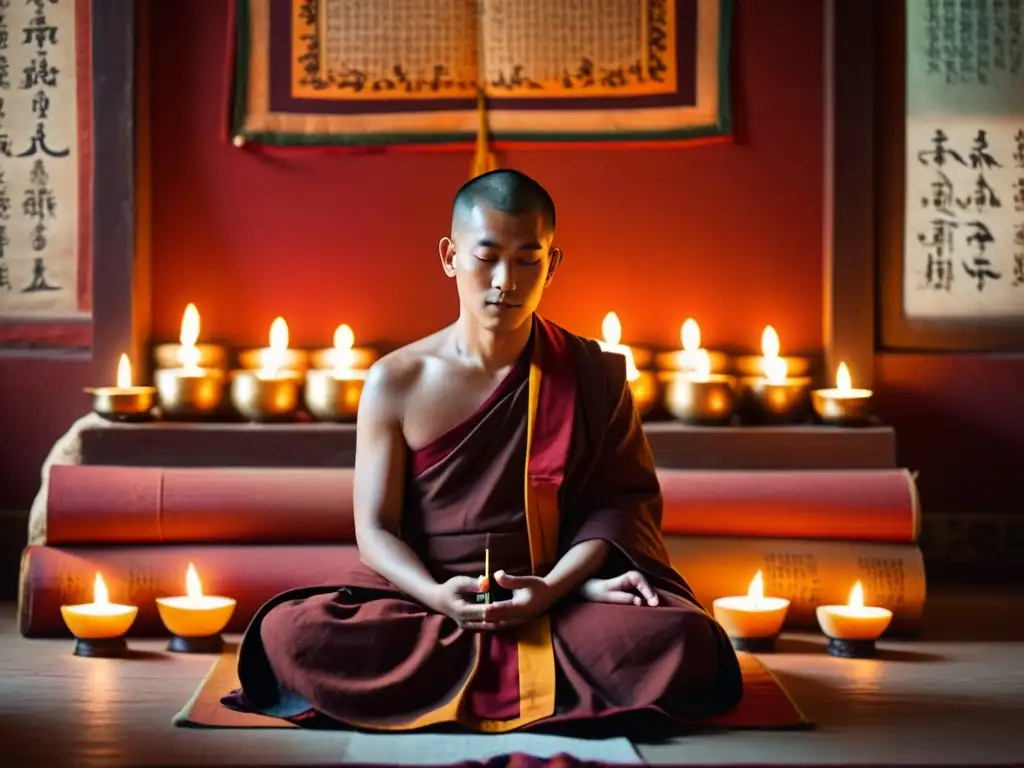 Un monje tibetano medita entre textos sagrados tibetanos, creando una atmósfera de reverencia y tranquilidad en un cuarto iluminado por velas