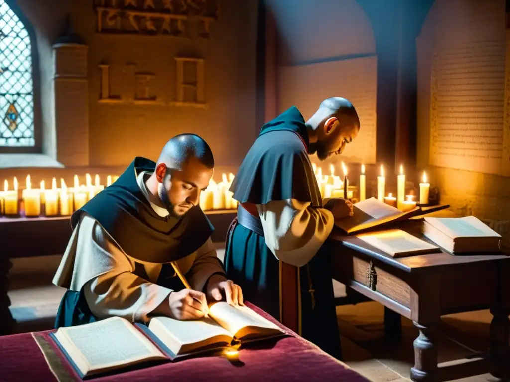 Monjes medievales transcriben textos religiosos en un scriptorium tenue, con manuscritos iluminados y luz de velas