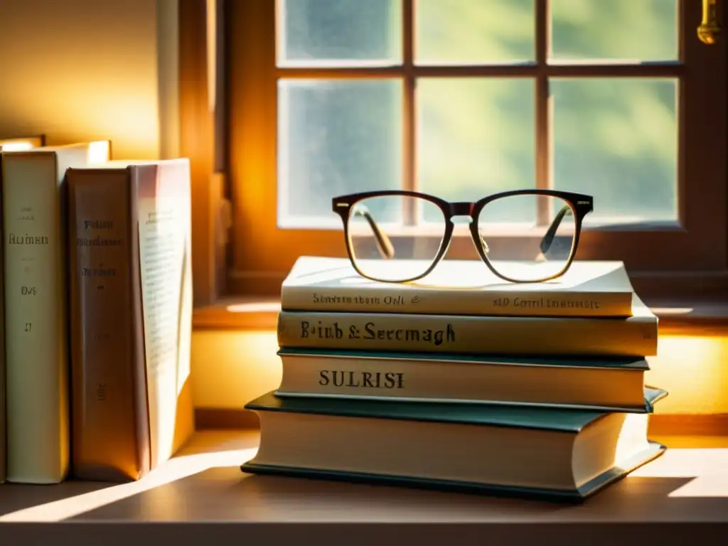 Un montón de antiguos libros de texto en alemán con un toque nostálgico, rodeado de notas y carteles verbales, iluminados por la luz del sol