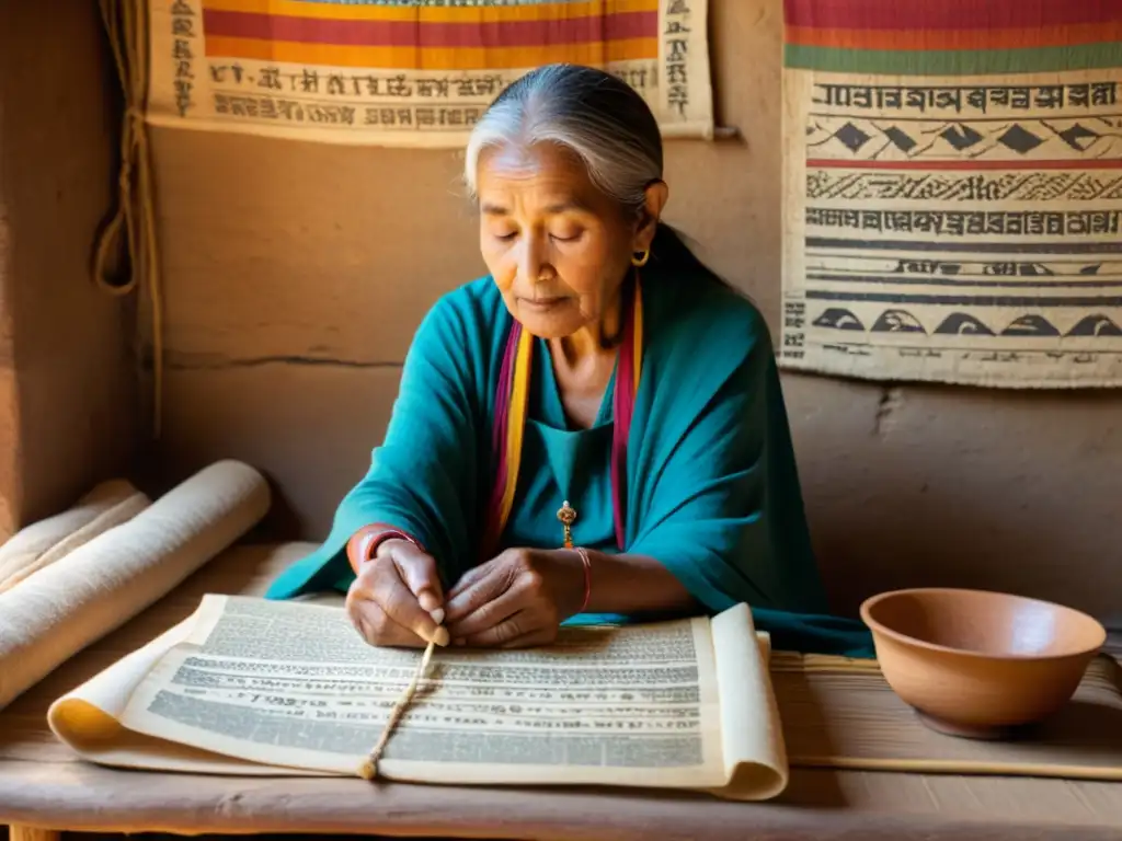 Una mujer aimara teje un textil rodeada de antiguos textos aimaras, evocando la rica literatura aimara y su tradición oral y escrita