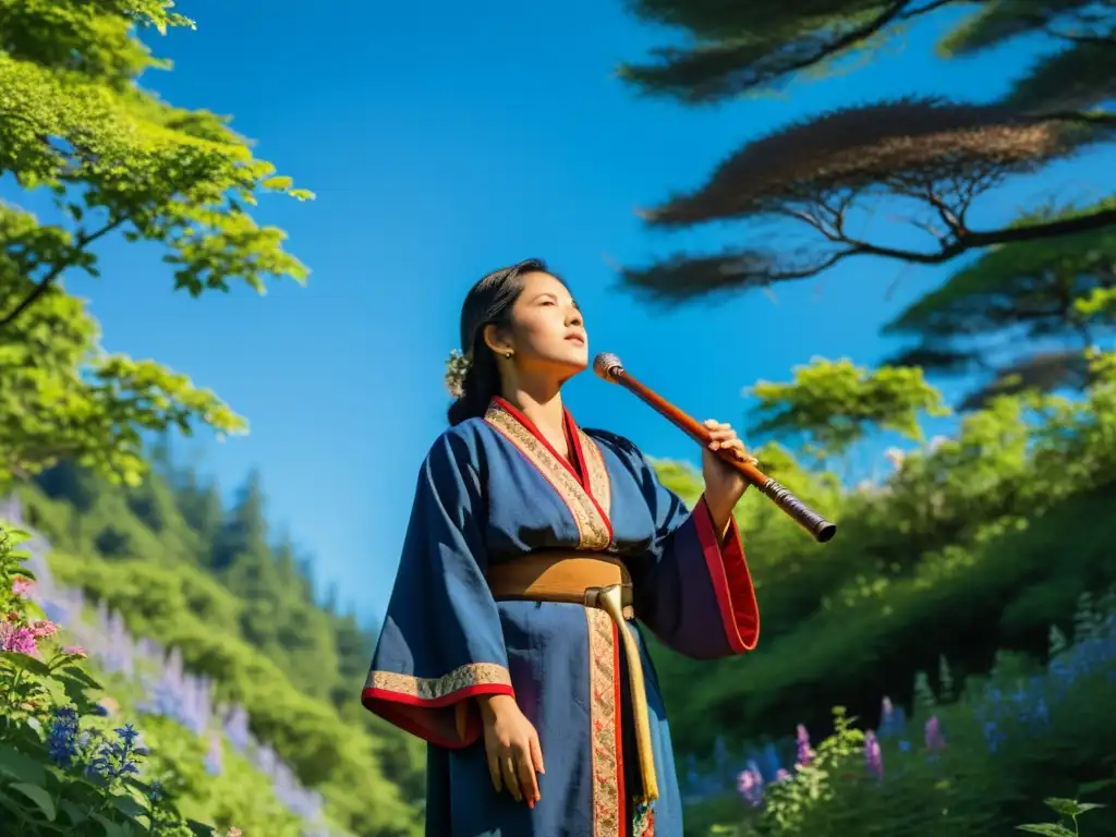 Una mujer ainu con un kimono vibrante en un bosque sereno, preservación lengua Ainu Japón