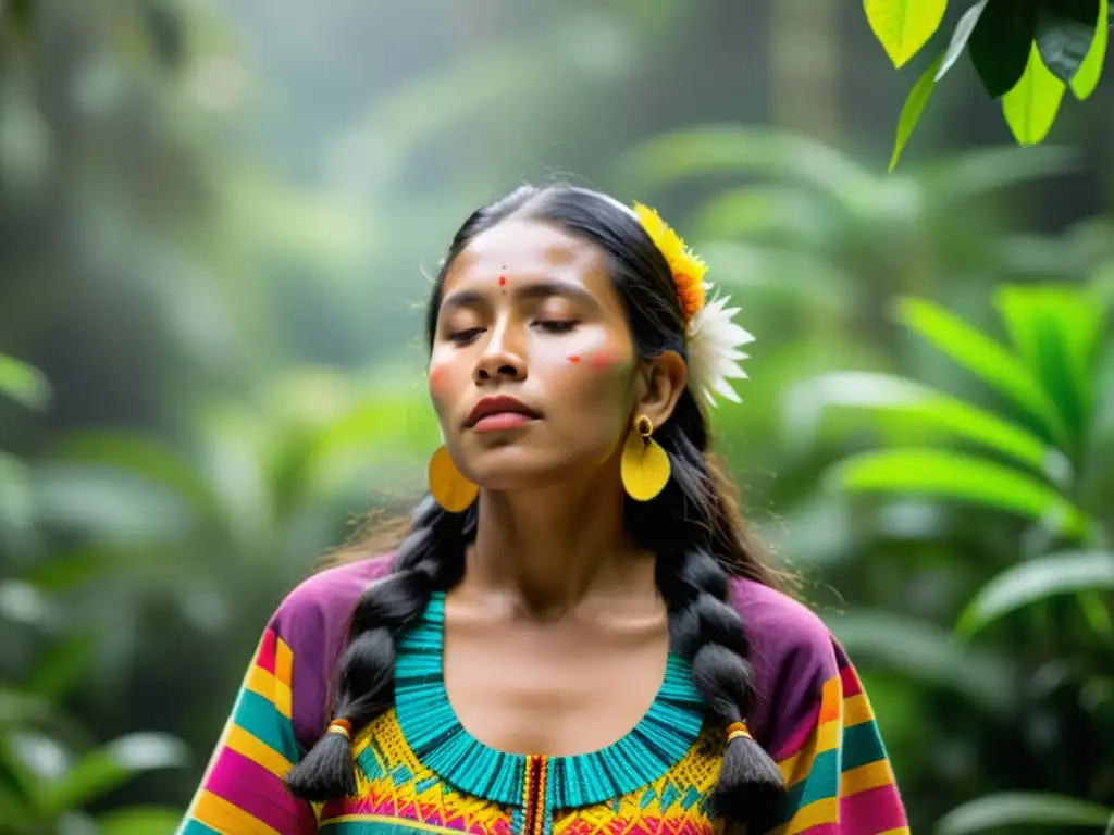 Una mujer indígena colombiana canta con serenidad en la selva, vistiendo ropas vibrantes