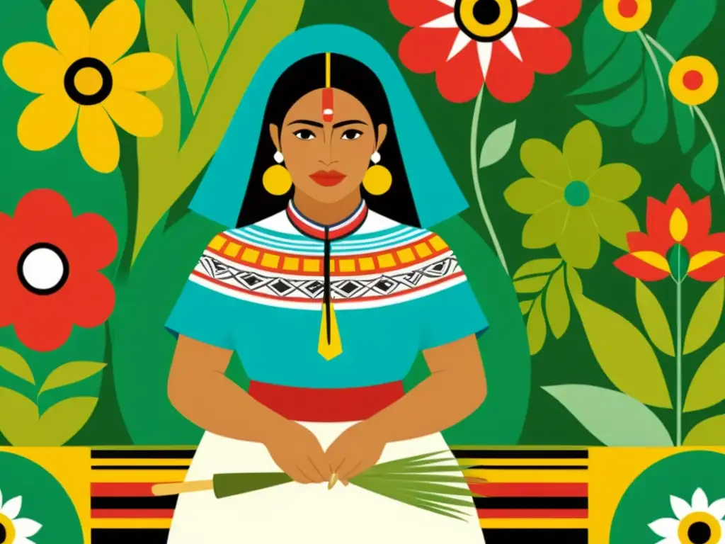 Una ilustración vintage de una mujer Kichwa con atuendo tradicional, rodeada de exuberante vegetación y flores vibrantes