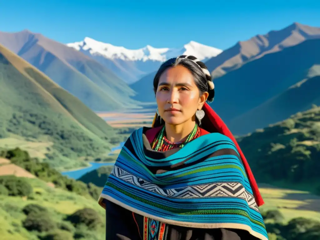 Una mujer Mapuche orgullosa sostiene Poemas en mapudungun, reflejando la lucha cultural, rodeada de montañas verdes y cielo azul