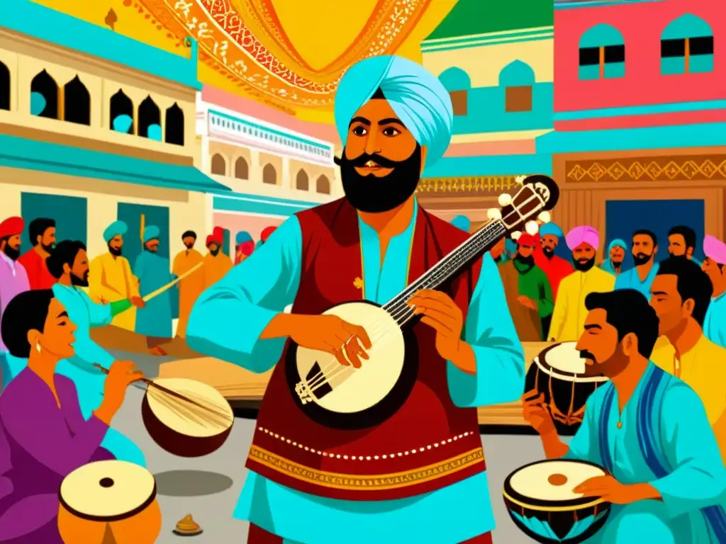 Un músico punjabi toca instrumentos tradicionales en un bullicioso mercado, capturando la esencia de los patrones sonoros del punjabi