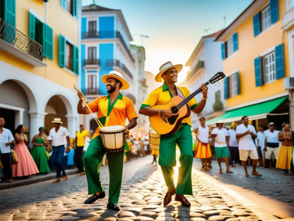 Dos músicos brasileños tocan samba en la bulliciosa calle de Río de Janeiro al atardecer, con una multitud y banderas coloridas