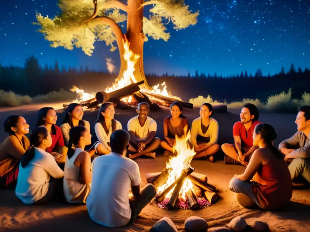 Un narrador cuenta historias junto a un campamento, perpetuación de historias en diferentes lenguas