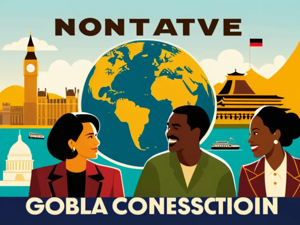 Vintage póster: no nativos en animada conversación global en inglés, desafíos y estrategias enseñanza inglés no nativos