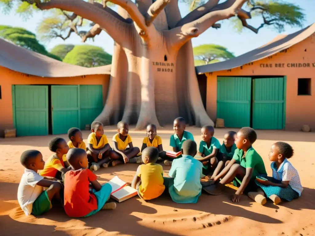 Niños africanos disfrutan de la lectura bajo un baobab, rodeados de libros en lenguas bantúes