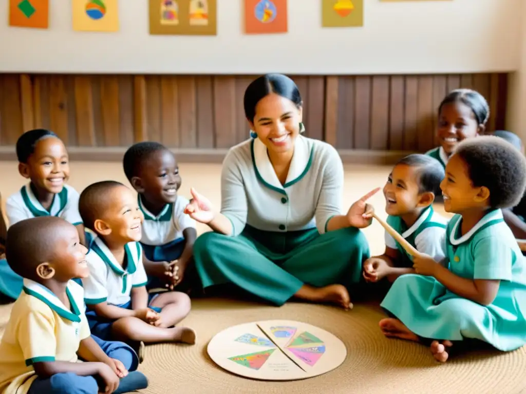 Niños de comunidad minoritaria disfrutan actividad con elaboración materiales didácticos lenguas minoritarias en aula rústica acogedora