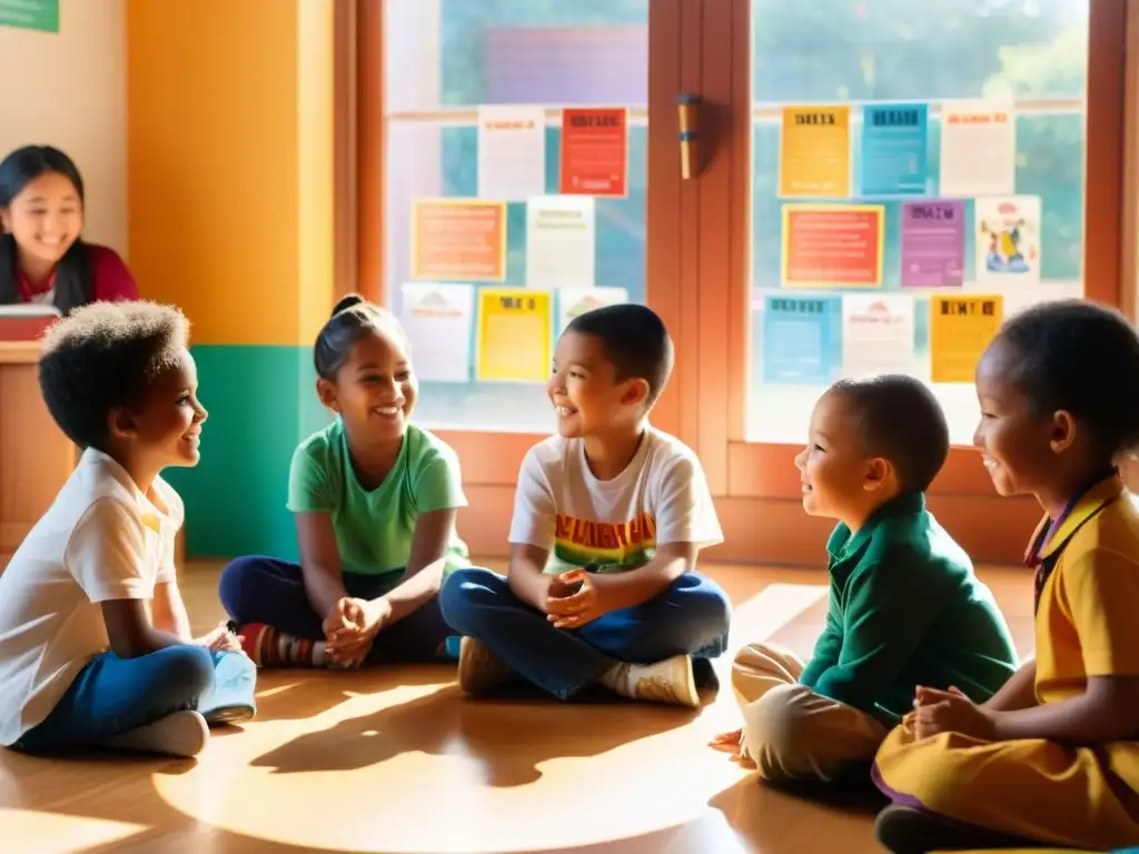 Niños de diferentes culturas aprenden juntos en un ambiente inclusivo, resaltando la importancia educación lenguas minoritarias