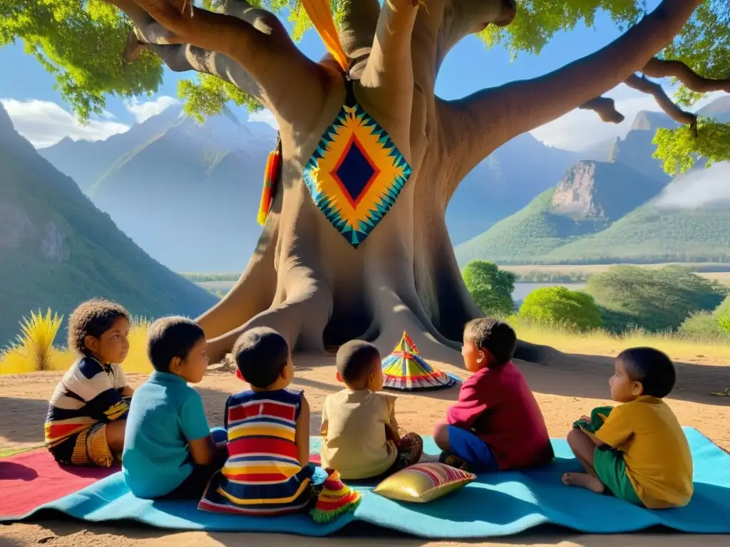 Niños indígenas escuchan atentos a un anciano contar historias bajo un árbol, rodeados de textiles y juguetes tradicionales