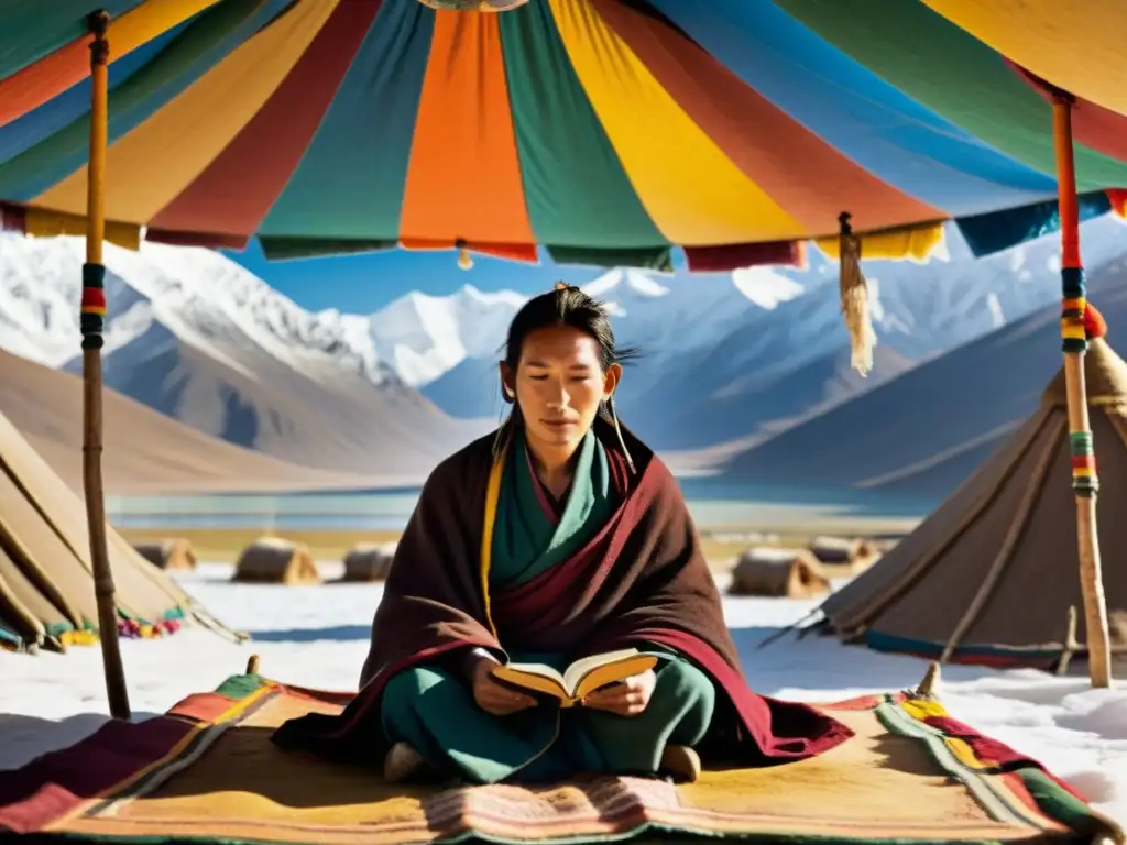 Nomada tibetano leyendo antiguo manuscrito en tienda de pelo de yak, rodeado de banderas de oración, con montañas del Himalaya al fondo