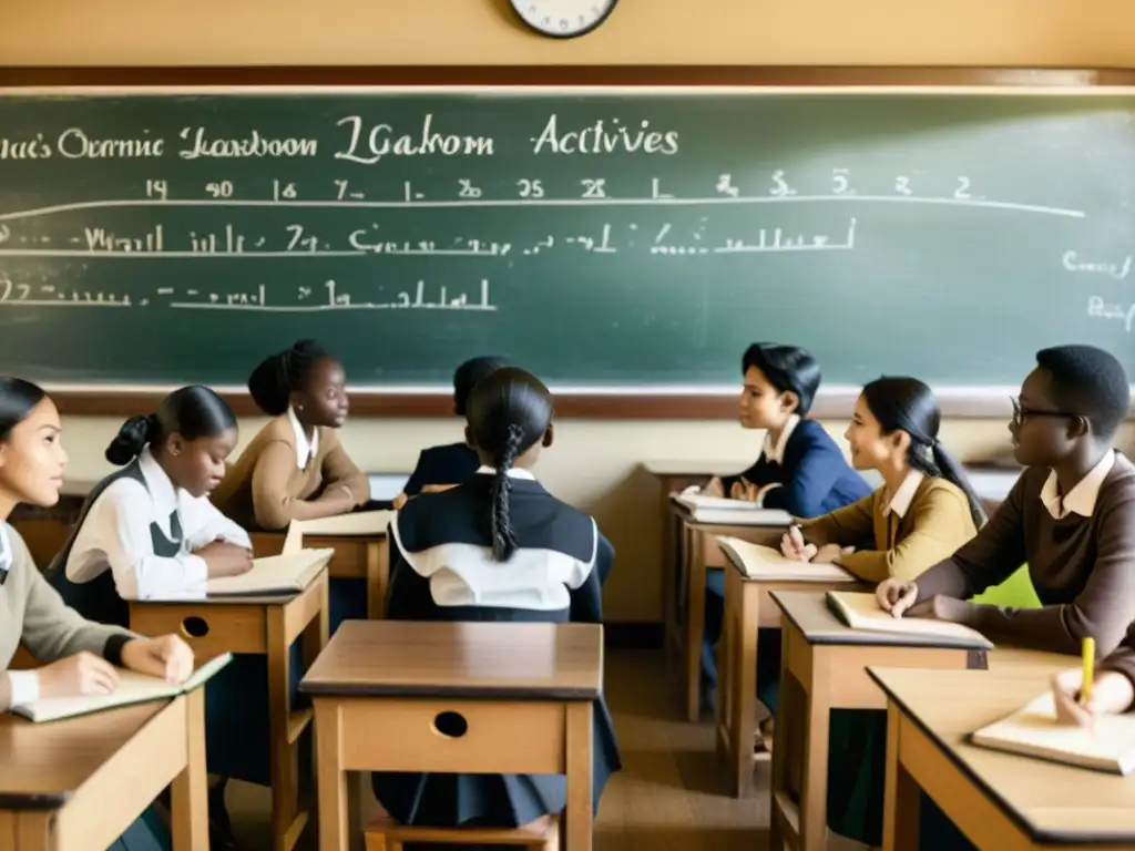 Una nostálgica fotografía en blanco y negro de un aula llena de estudiantes participando en actividades de aprendizaje de idiomas