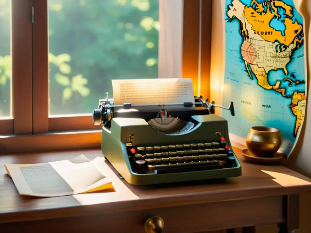 Una nostálgica escena con una antigua máquina de escribir y papeles apilados en un escritorio de madera, con un mapa vintage en la pared