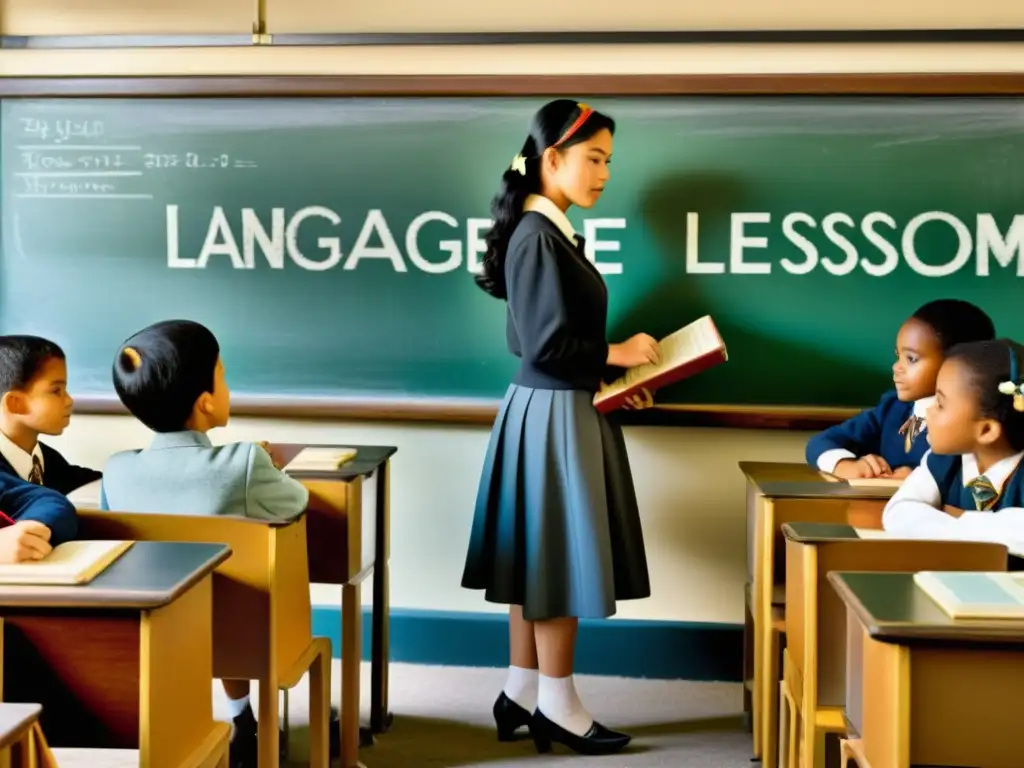 Una nostálgica escena de aula vintage con estudiantes y profesor usando tecnología antigua para el aprendizaje de idiomas