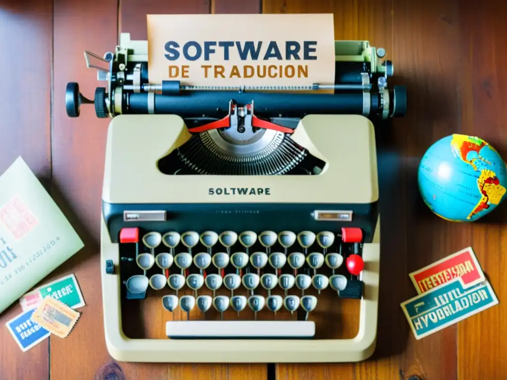 Una nostálgica escena con una máquina de escribir vintage, rodeada de sellos internacionales y un mapa mundial, evocando la atmósfera profesional del 'Software de Traducción en Negocios Globales'