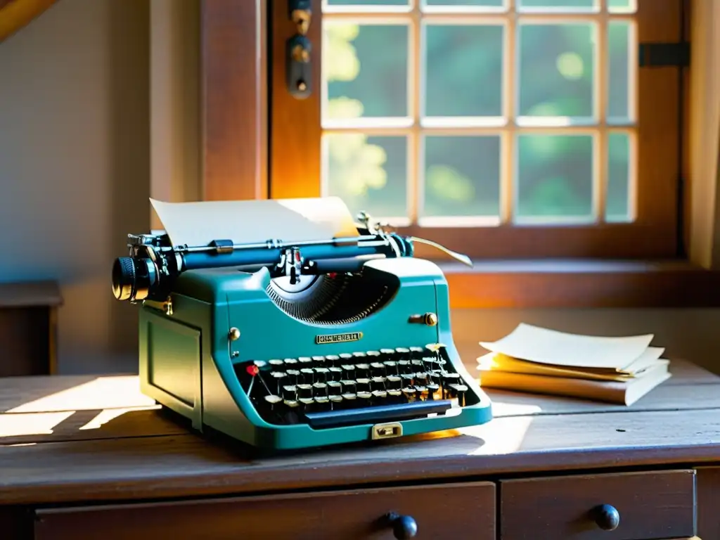 Una nostálgica escena con una máquina de escribir vintage sobre un escritorio de madera, bañada por la cálida luz del sol