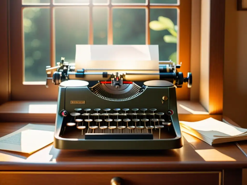 Una nostálgica imagen vintage de una máquina de escribir y papeles sobre un escritorio de madera, iluminados por cálida luz solar