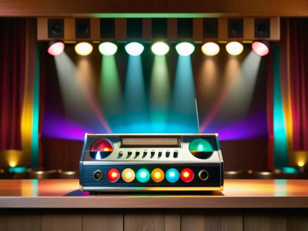 Una nostálgica máquina de karaoke vintage iluminada por un cálido foco, rodeada de personas diversas ansiosas por cantar