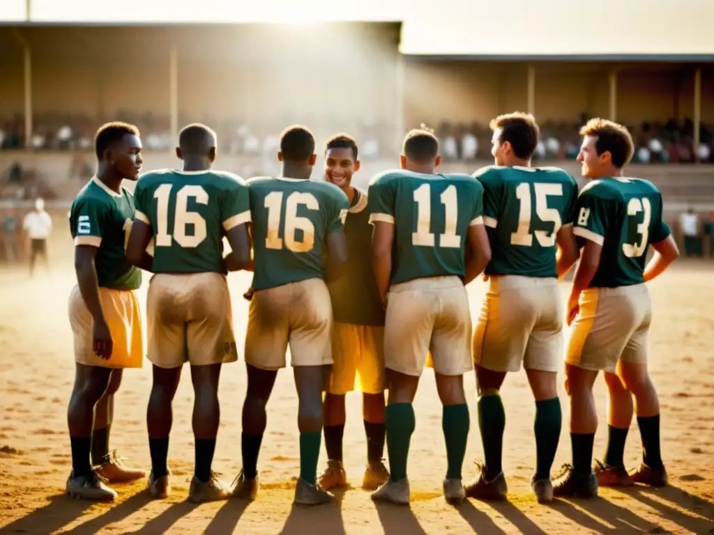 Un nostálgico retrato de jugadores de fútbol que hablan en jerga bantú, unidos en la cancha con determinación y camaradería bajo la cálida luz del sol