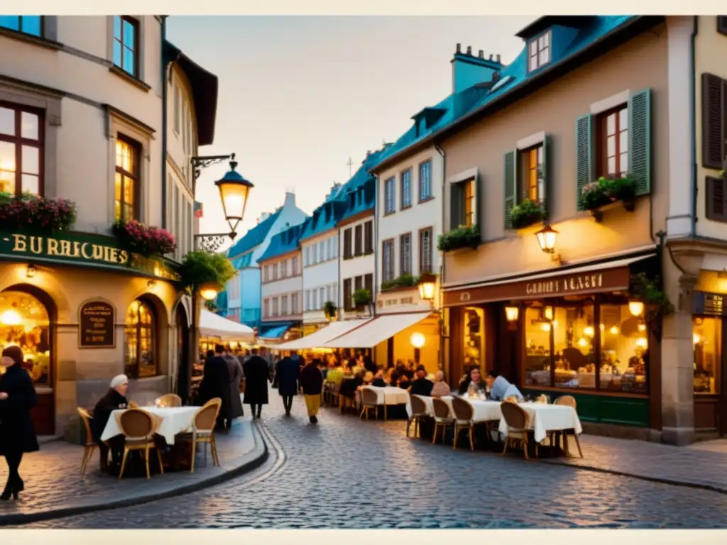 Un nostálgico y vibrante escenario urbano europeo con cafetería, calle empedrada y gente multilingüe