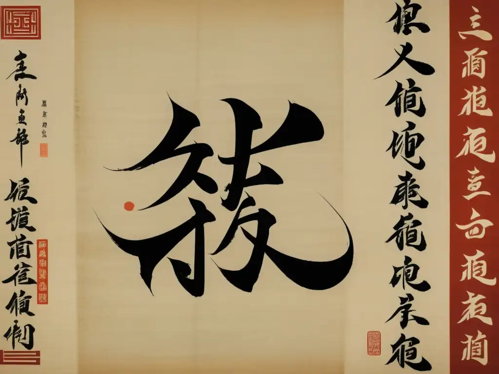 Una obra maestra de la caligrafía china antigua en un pergamino envejecido, resaltando la elegancia y la importancia cultural