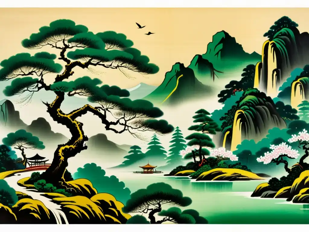 Obras influyentes literatura clásica china: Pintura vintage detallada de paisaje montañoso, río sinuoso, cerezos y erudito en meditación bajo un pino