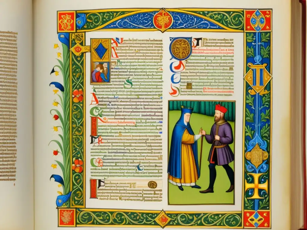 Una página detallada iluminada del Cuentos de Canterbury de Chaucer, con caligrafía intrincada y coloridas ilustraciones que muestran la vida medieval