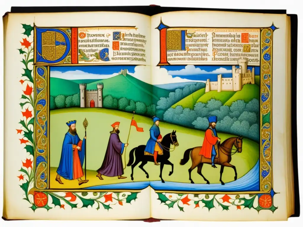 Una página iluminada del manuscrito 'Los cuentos de Canterbury' de Geoffrey Chaucer, con detalladas ilustraciones medievales y colores vibrantes