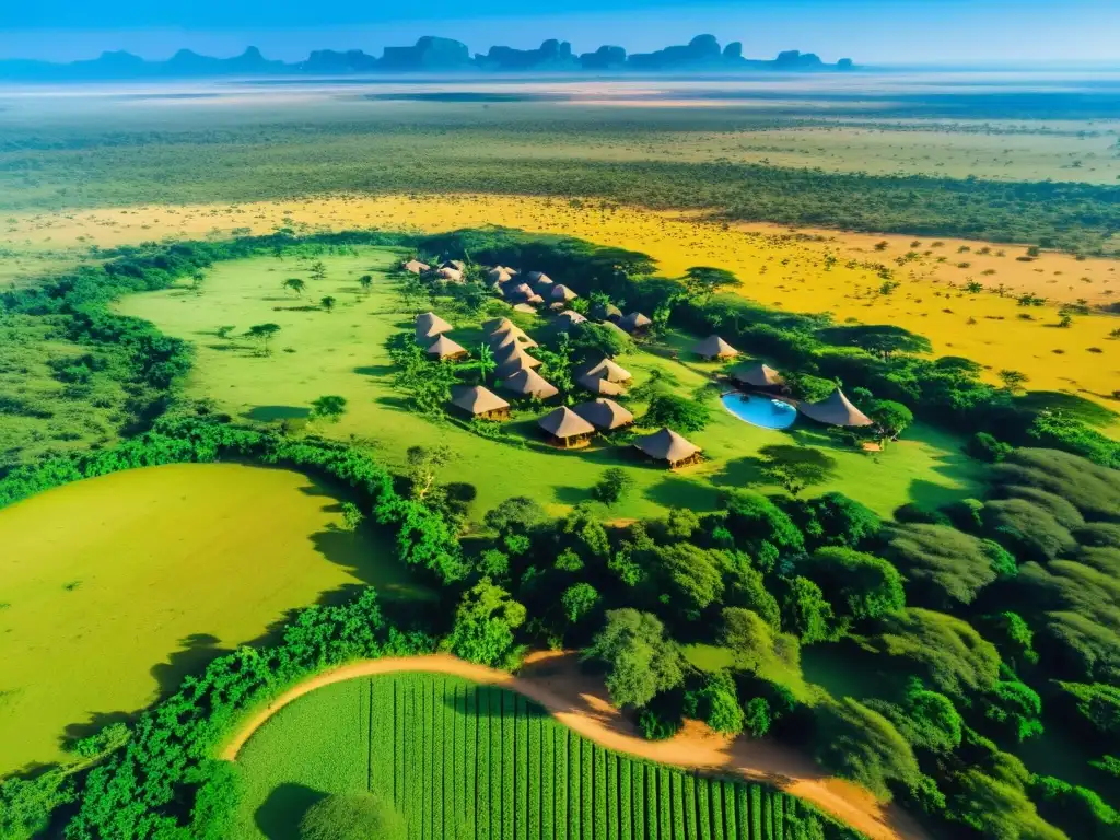 Un paisaje africano asombroso con una aldea y elefantes pastando