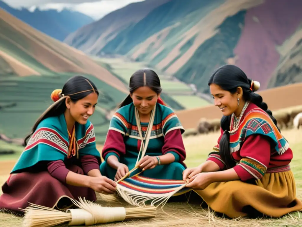 Un paisaje andino nostálgico con gente tejiendo y montañas al fondo, evocando la riqueza cultural de los Andes